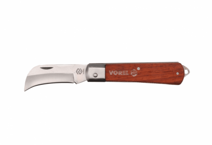 Нож за кабели VOREL, сгъваем с дървена дръжка, извито острие, 75 мм