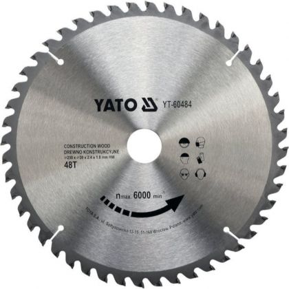 Карбиден диск за циркуляр, за рязане на дървени конструкции YATO, Ф 250 x 30, T 48