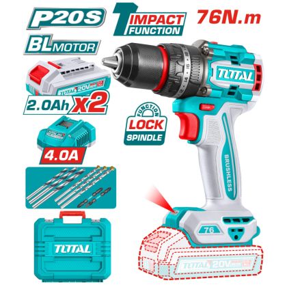 Акумулаторен ударен безчетков винтоверт TOTAL Industrial, 20 V, 2 x 2.0 Ah Li-Ion, 76 Nm, TIDLI207686E Акумулаторен винтоверт TOTAL 20 V, 2.0 винтоверти