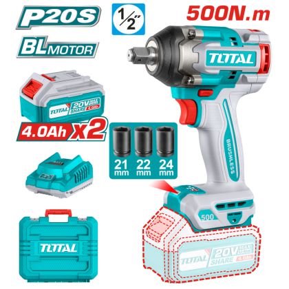 Акумулаторен ударен безчетков гайковерт TOTAL INDUSTRIAL, 1/2", 20 V, 500 Nm, 2 х 4 Ah, TL IND TIWLI2050E INDUSTRIAL