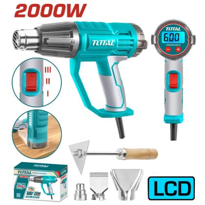 Пистолет за горещ въздух TOTAL INDUSTRIAL, 2000 W, LCD, 50-600°C + аксесоари, TL IND TB20056 INDUSTRIAL