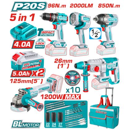 Комплект акумулаторни инструменти TOTAL TCKLI20596, 5в1, 20 V, 2 x 5 Ah, TL TCKLI20596